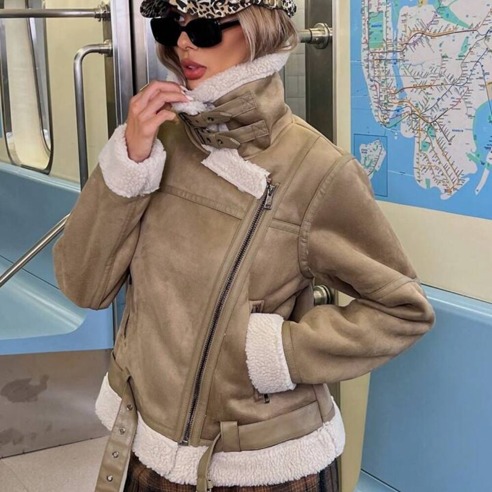 ZARA Shearling Rider's Jacket Double Boa Brown Beige sz XL